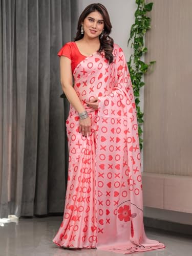 Image of ALMAARI FASHION Women's Floral Printed Georgette Satin Saree with Unstitched Blouse Piece | Traditional Ethnic Wear Sarees | Soft Lightweight Ethnic Office Wear Daily Wear Indian Sari (SG 151-160 H)