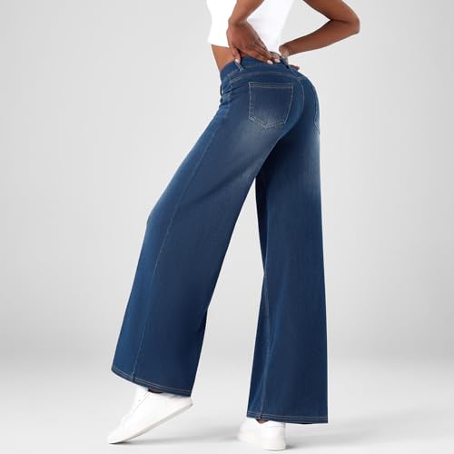 Fanica Wide Leg Jeans for Women - Stretchy Low Rise Loose Fit Jeans Casual Denim Pants with Pockets2