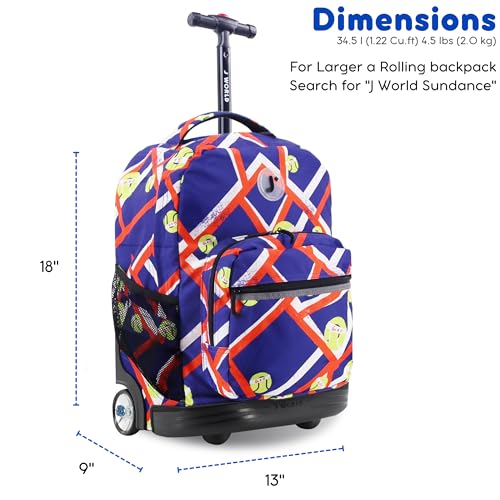 Image of J World Sunrise Kids Rolling Backpack with Wheels for Girls Boys, Roller Bookbag for School, 18 x 13 x 9 Inches, Tennisy