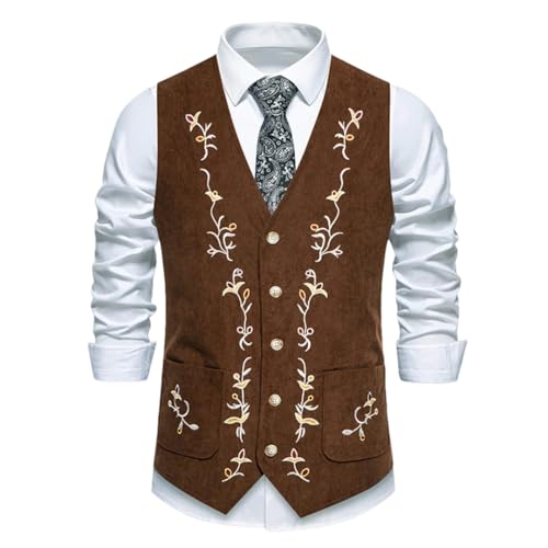 Men's V Neck Corduroy Pockets Suit Vest Vintage Gentleman Leisure Party Embroidery Vest