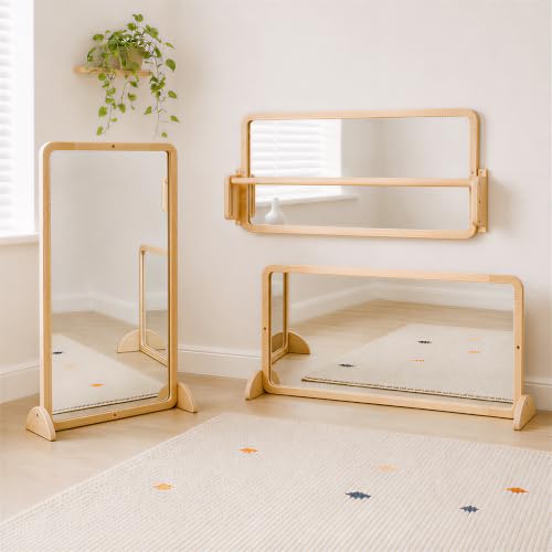 Woodtoe 4-in-1 Montessori Mirror with Bar Adjustable Tummy Time Floor Mirror Baby Pull to Stand Toy Natural Unpainted Solid Wood Frame Baby Pull Up Bar Developmental Toys for Nursery (Large Size)
