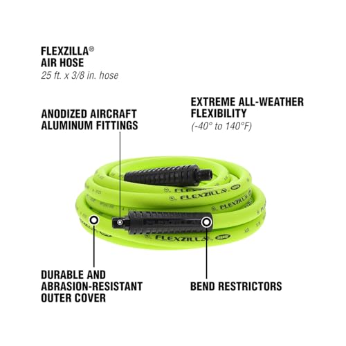 Image of Flexzilla Air Hose, 3 /8 in. x 25 ft., 1 /4 in. MNPT Fittings, Heavy Duty, Lightweight, Hybrid, ZillaGreen - HFZ3825YW2