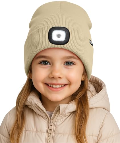 ATNKE Kids LED Lighted Beanie Hat, USB Rechargeable 4 LED Running Headlamp Lined Fleece Cap Gifts for Boys and Girls