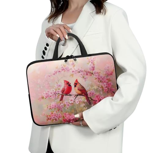 ZIATUBLES Capa para laptop com alça para computador compatível com tablet de 10 a 17 polegadas rosa cereja floral cardeal pássaro impressão 360° pasta de transporte protetora para mulheres e homens