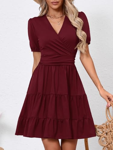 Image of Women's Casual Summer Dress V Neck Short Sleeve Flowy Stretchy Comfort Fit for Daily Wear Work Midi Dresses