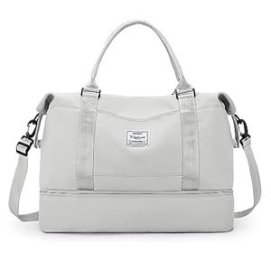 Travel Duffel Bag with Shoes Compartment, Shoulder Weekender Overnight Bag for Women,Travel Tote Bag Sports Gym Bag with Wet Pocket,White Grey