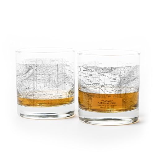 Black Lantern Whiskey Glasses - Yosemite National Park Topographic Map Old Fashioned Glasses - 11oz. Rock Glass Set of 2 - Cocktail & Everyday Use Drinking Glasses