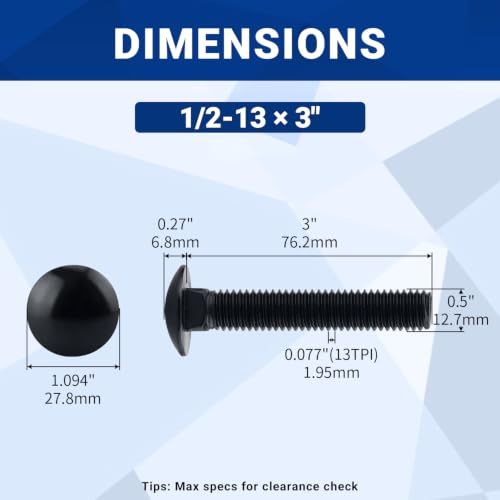 Image of 1 /2-13 x 3 Black Carriage Bolts with Nuts and Washers Kits (8 Sets), 304 Stainless Steel 18 /8, Black Finish, Round Head, Square Neck, Heavy Duty Bolts, Indoor Outdoor Fastening Bolts, Fayeploo