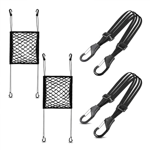 YERGOFE 4PCS Motorcycle Cargo Net and Luggage Straps L23.6/35.4in Heavy Elastic Bungee Double Layer Thicken Net with Adjustable Hooks Universal Helmet Net for Bike Cars and Garage Storage