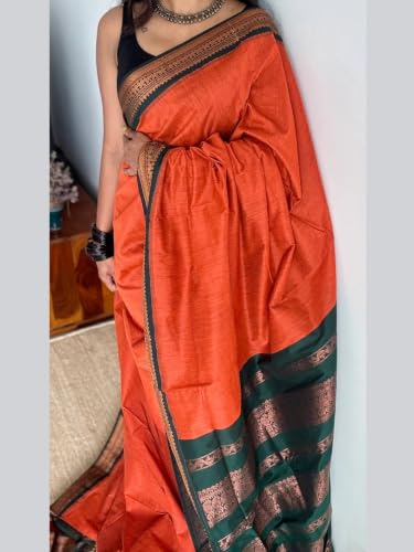 Image of Pure Kalyani Cotton Saree | Zari Border & Blouse Piece - Lata Gadwal Design | Traditional Saree