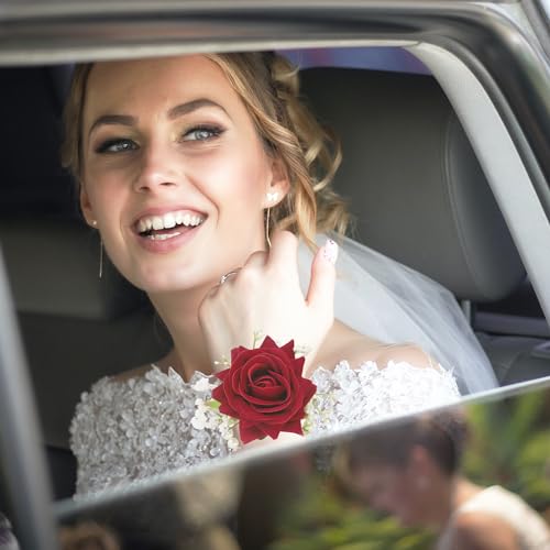 SITUMEIZI 2Pcs Red Corsage and Boutonniere Set,Corsage Wristlet for Prom Decor,Boutonniere for Men Wedding Flowers Accessories Party Suit Decoration