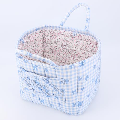 Image of Quilted Fabric Basket Foldable Car Storage Boho Floral Laundry Basket Hamper for Nursery Bedroom & Living Room | Organize Clothes Toys (Bow)