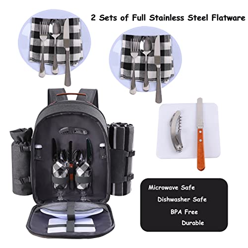 Apollo Walker Picnic Backpack Set For 2 Person With Cooler Compartment, Detachable Bottle/Wine Holder, Fleece Blanket, Plates And Cutlery Set (Dark Gray) #TOP1