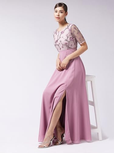 Image of Miss Chase Women's Round Neck Sleeve Embellished Fit Flare Maxi Dress
