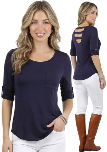 ToBeInStyle Junior Women's Long Roll-Up Sleeve Ladder-Back Pocket Top - Navy - S