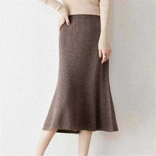 Women's Fall Winter Slim Fit Fish Tail Skirt Wrap Around High Waist Solid Wool Midi Skirt Dark Curry XL4