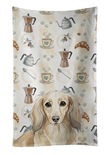 Caroline's Treasures Longhaired Cream Dachshund Coffee Bar Kitchen Towel Velour Plush Front and Cotton Loop Back Machine Washable
