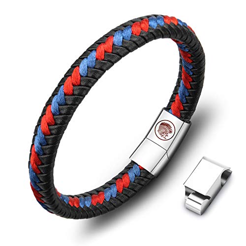 Casisto.J Pulsera Hombre - Pulsera de Cuero para Hombre Pulsera Trenzada Hecha a Mano con tamaño Ajustable Grabado magnético Broche Joyas Gratis Regalo en Caja (XBTG31, 21)