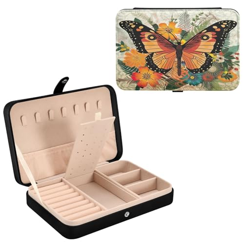 Haskirky Flowers Butterflies Jewelry Box Portable PU Leather Travel Jewelry Organize for Women Jewelry Storage Display Holder for Ring, Necklace, Earring