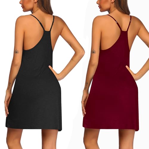 Image of Ekouaer 2 Pack Nightgown for Womens Nightshirt Sleepwear Sleep Tank Chemise Racerback Sleeveless Dress