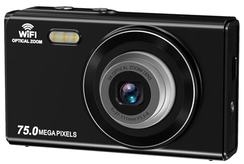 YULINJIA デジカメ 3倍光学ズーム スマホに送れる 4K デジタルカメラ WIFI転送機能 7500万画素 64GBマイクロSDカード付き グリッド表示 オートフォーカス機能 LEDライト ウェブカメラ 2.8インチデイスプレイ バッテリー2枚付属 子供や初心者向けコンデジ 子供の日 新年 クリスマスプレゼント(ブラック)