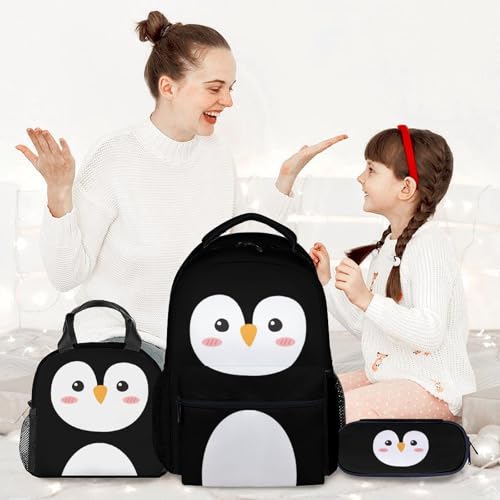 Penguin Backpack with Lunch Box and Pencil Case Set, 3PCS Matching Kids Black Backpacks Combo, Cute Bookbag and Pencil Case Bundle2