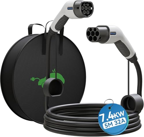 EV Cable de Carga Tipo 2-32A /7,4kW/Monofásico Cable Carga Coche Electrico para EV/PHEV Cable Tipo 2 Cargador Coche Electrico Compatible con Todos los Modelos Tipo 2/CCS2(Blanco)