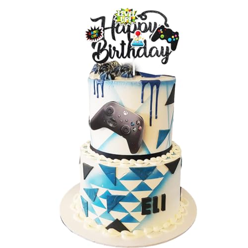 Oarkive FDF4RE Happy Birthday Video Game Cake Topper Glitter Black Gamer Cake Topper Gaming Cake Topper Video Game Controller Party Supplies thumb #5