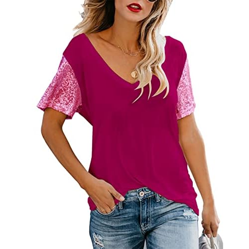 Topstype Women's Sequin Short Sleeve Tee V Neck T Shirts Glitter Sparkles Loose Blouse Tops Small A-wine Red