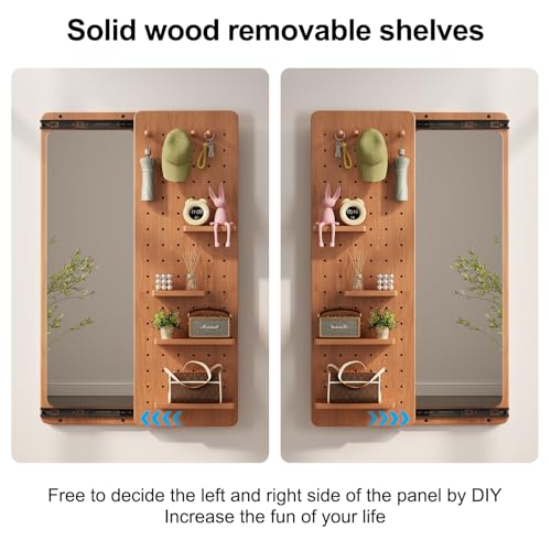 Image of KungFuWood Full Length Mirror with Shelf and Hooks,Entry Way Mirrors for Wall,Wall Mirror with Shelf,Wall Mirror with Storage Multifunctional Design Panel,Living Room (Cherry, 52.4 inch L x 19 inch W)
