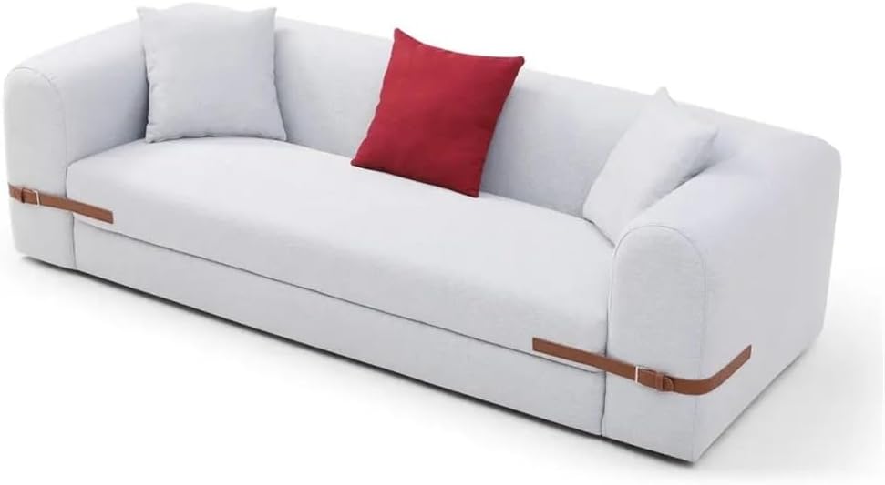 Sofa Couch Contrast Color Saddle Leather Belt Design 3 Seat for Living Room Bedroom, Apartment, Grey