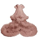 Tianzhihe Flare Ruffles Tulle Robe Maternity Gown for Photo Shoot Long Sheer Off Shoulder Women's Dressing Gown Dusty Rose Small
