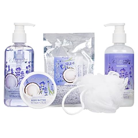 Scents of Collinwood - 5 Piece Women’s Attractive Lavender Coconut Scent Bath Box Set - Includes Shower Gel, Shampoo, Body Butter, Bath Salts and a Bath Puff, Purple Cover
