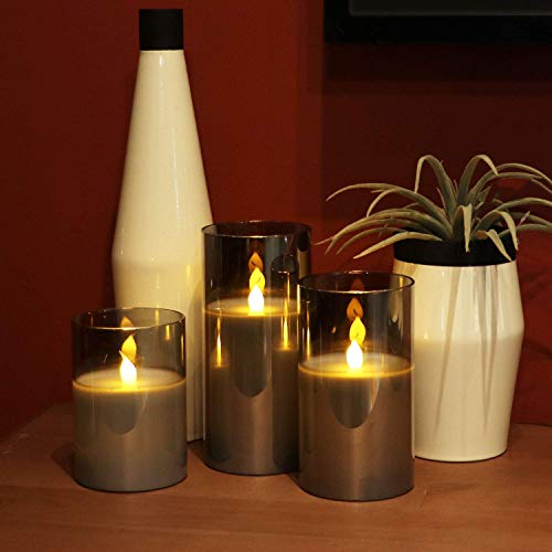 Gray Glass Battery Operated Flameless Led Candles with 6H Timer, Warm White Flickering Light, Batteries Included - Set of 3