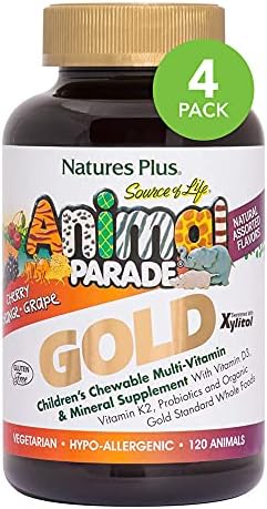 NaturesPlus Animal Parade Gold Children's Multivitamin - Assorted Cherry, Orange & Grape Flavors - 120 Animal-Shaped Chewable Tablets, Pack of 4 - Vegan, Gluten Free - 240 Total Servings