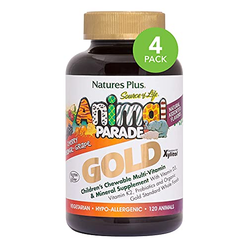 Naturesplus Animal Parade Gold Children's Multivitamin - Assorted Cherry, Orange & Grape Flavors - 120 Animal-Shaped Chewable Tablets, Pack Of 4 - Vegan, Gluten Free - 240 Total Servings #TOP7