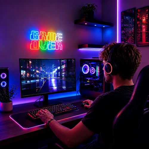Image of Neon Sign, Game Over Neon Signs for Wall Decor LED Signs Neon Light | Game Over Neon Sign for Teen Boys Room, Bedroom, Man Cave, Gaming Room Decor, Boys Gift, Dimmable, USB Powered