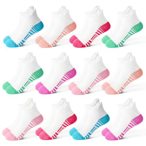 Image of ZERULETS Girls Trainer Socks 12 Pairs Kids Cotton Athletic Ankle Socks White with Breathable Mesh Arch Support for School Sports Daily Aged 7-10