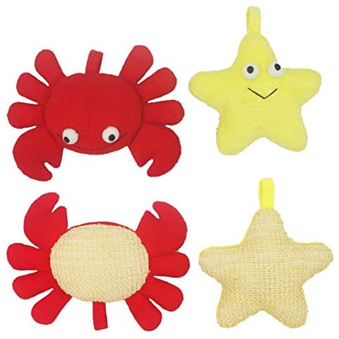 Bleu Bath (2 Pack) Animal Body Scrubber Natural Linen Shower Ball for Toddler Kids Gentle Exfoliating Bath Sponge Loofah Pouf in Yellow Starfish Red Crab with Cute Big Eyes Design Cover