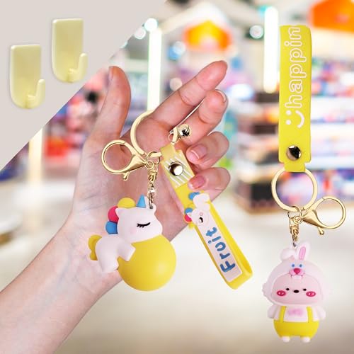 Toyshine 2 Pc Cute Kawaii Keychains Set Lying Unicorn & Bunny Combo along with Holder Accessories, Backpack Car Key Chain for Boy Girl - Yellow
