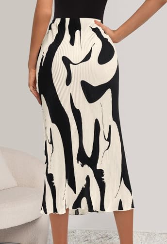 Prettygarden Women'S Floral Casual Stretchy High Waisted Pencil Skirt Knee Length Pleated A-Line Plisse Midi Skirt Flared Hem thumb #2