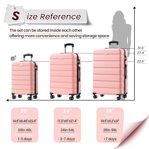 Image of AnyZip Luggage PC ABS Hardside Lightweight Suitcase with 4 Universal Wheels TSA Lock 20 24 28 Inch, Pink, 3 piece set (20 /24 /28), Fashion