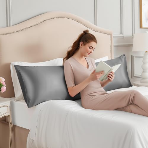 Image of INFIIXSO Body Pillow Cover with Zipper, Luxury Mulberry Silk Long Body Pillow Case 20x54 Inches, Ultra Smooth and Soft Cooling Body Pillow Pillowcase, Gift for Women, Men(Grey)