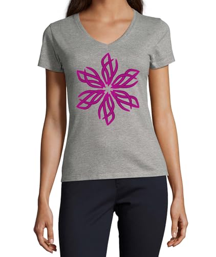 T-shirt Fleur de Vie violette femme col V coton gris imprimé original