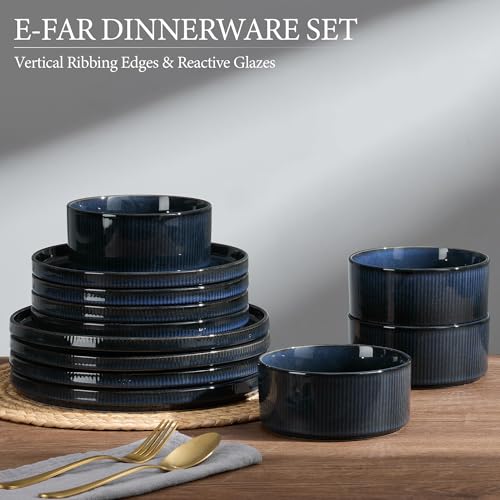 Image of E-far Stoneware Dinnerware Sets for 2, 6-Piece Plates and Bowls Sets, Chip & Scratch Resistant Ribbed Dish Set for Home Restaurant, Microwave & Dishwasher Safe, Midnight Blue