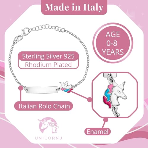 Image of UNICORNJ Sterling Silver 925 Engravable ID Bracelet Rolo Chain for Girls Heart with Pink Enamel 6.5 inch