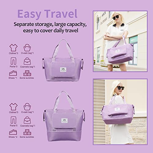 Expandable Travel Duffel Tote Bag - Foldable Overnight Weekender, Carry-On, Swim & Gym Bag - Fits Spirit Airlines Personal Item Size - Lightweight, Waterproof & Durable with Trolley Sleeve,Purple3