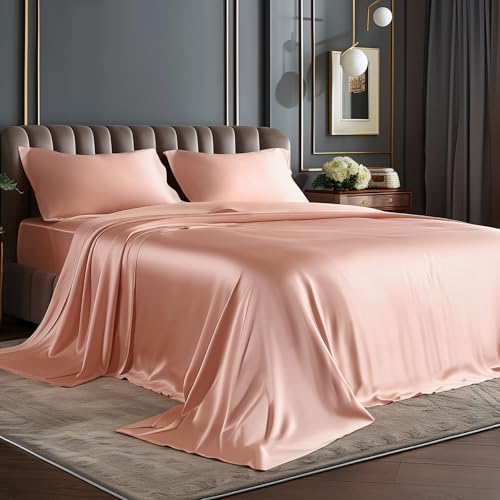 BEDELITE Satin Sheets Queen Size Bed Set, Luxury Soft Coral Pink Silky Sheets for Hair and Skin, Similar to Silk Bed Sheet Set 4 Pieces with 1 Deep Pocket Fitted Sheet, 1 Flat Sheet, and 2 Pillowcases