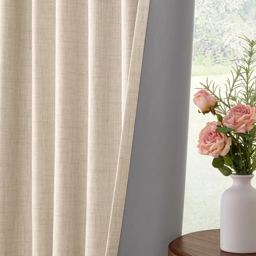 INOVADAY 100% Blackout Curtains 102 Inches Length 2 Panels Set, Back Tab/Rod Pocket Linen Black Out Curtains for Bedroom, Thermal Insulated Window Drapes - Oatmeal, W50 X L102