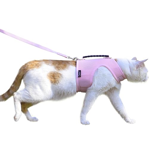 Image of Cat Harness and Leash for Walking Escape Proof Breathable Mesh Fabric, Solid Pink, Large, Adjustable Cat Walking Jackets with Handle, Padded Stylish Cat Vest